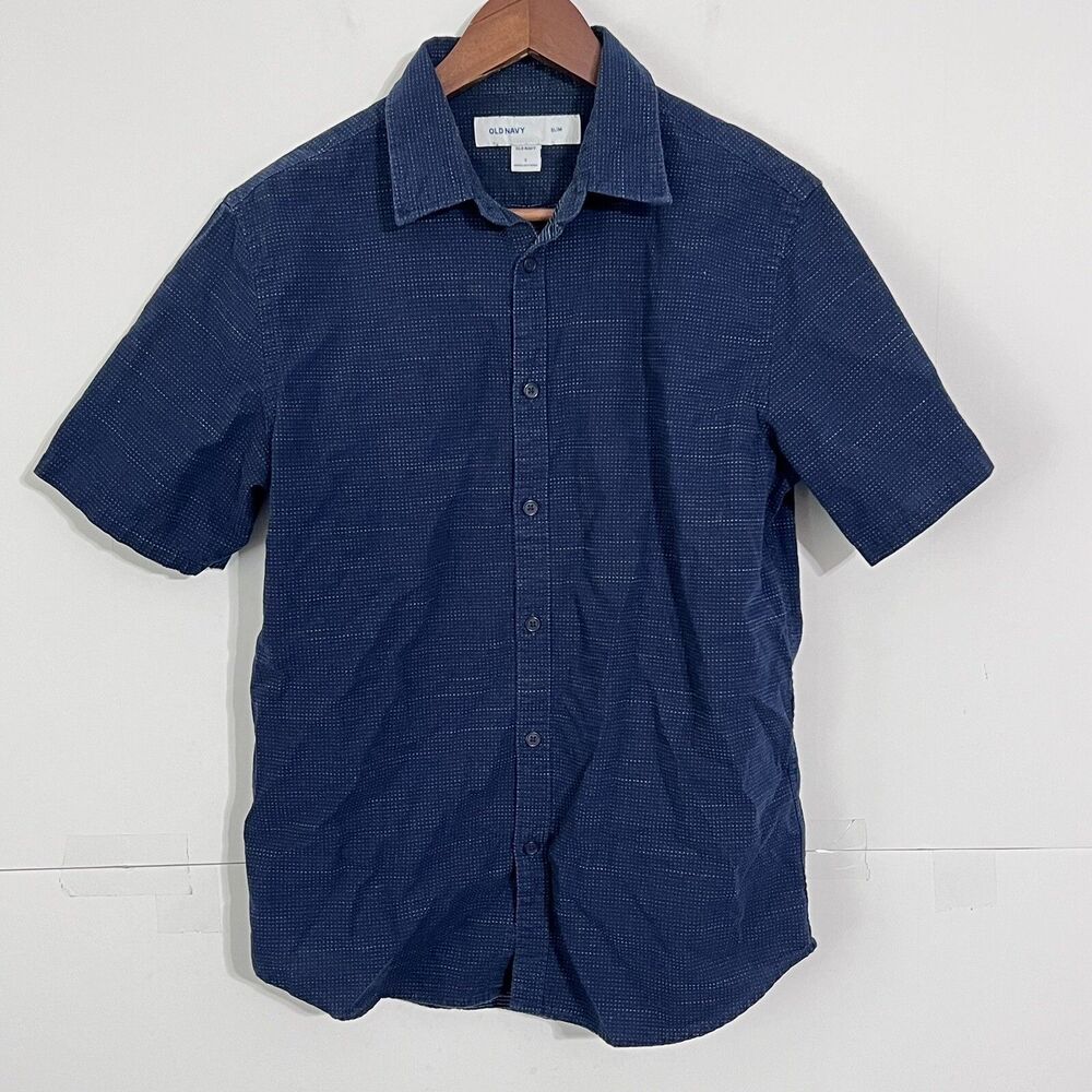 Old Navy Mens Shirt Size S Blue Dotted Slim Fit Short Sleeve Button Up Collared